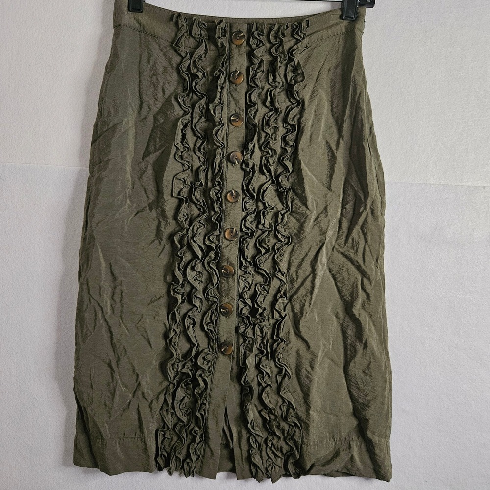 Maeve by Anthropologie Olive Green Ruffle Button Front Pencil Skirt Size 4